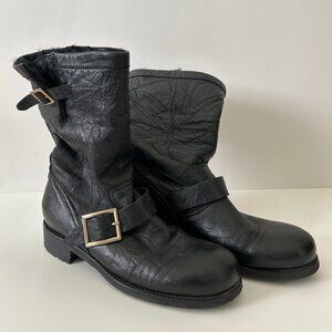 JIMMY CHOO Leather Faux Fur Trim Moto Boots
